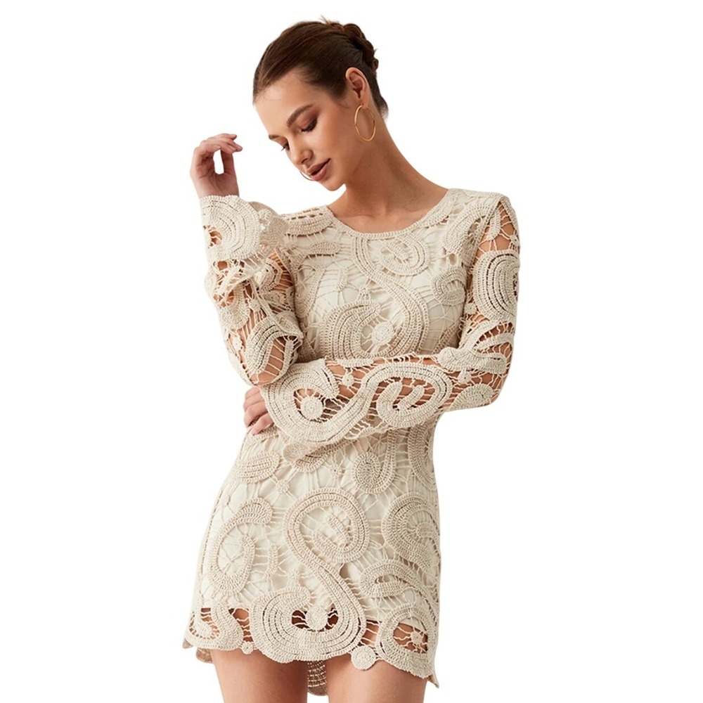 Crochet Paisley Lace Mini‎ Dress / Tunic Beige Boho Festival Coverup Size S NWT